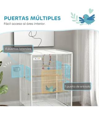 Jaula para Pájaros con Ruedas con Comederos Perchas Columpio y Bandeja Extraíble 48x46x78 cm Blanco