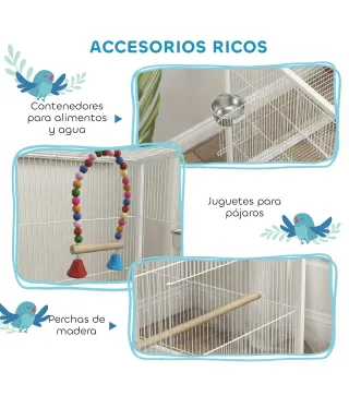 Jaula para Pájaros con Ruedas con Comederos Perchas Columpio y Bandeja Extraíble 48x46x78 cm Blanco