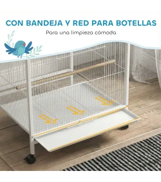 Jaula para Pájaros con Ruedas con Comederos Perchas Columpio y Bandeja Extraíble 48x46x78 cm Blanco