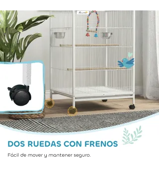 Jaula para Pájaros con Ruedas con Comederos Perchas Columpio y Bandeja Extraíble 48x46x78 cm Blanco