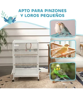 Jaula para Pájaros con Ruedas con Comederos Perchas Columpio y Bandeja Extraíble 48x46x78 cm Blanco