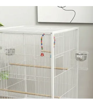 Jaula para Pájaros con Ruedas con Comederos Perchas Columpio y Bandeja Extraíble 48x46x78 cm Blanco