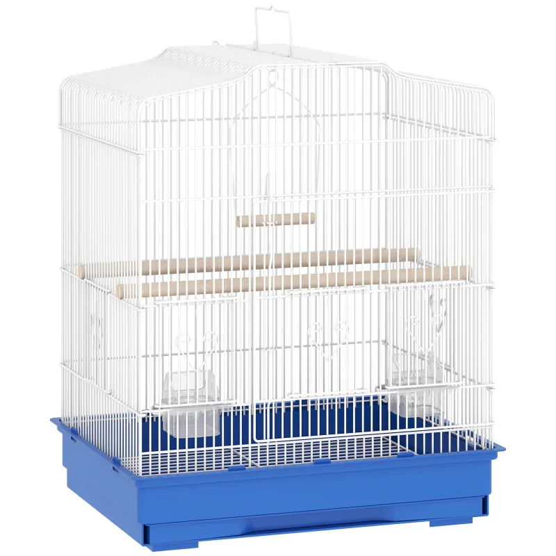 Jaula para Pájaros Pajarera de Acero con 2 Comederos 2 Perchas Columpio y Bandeja Extraíble Asa 46,5x36x59 cm Azul