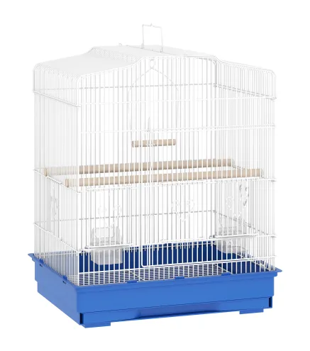 Jaula para Pájaros Pajarera de Acero con 2 Comederos 2 Perchas Columpio y Bandeja Extraíble Asa 46,5x36x59 cm Azul