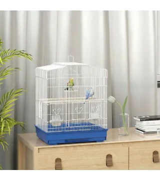 Jaula para Pájaros Pajarera de Acero con 2 Comederos 2 Perchas Columpio y Bandeja Extraíble Asa 46,5x36x59 cm Azul