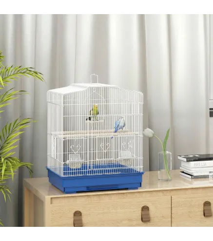Jaula para Pájaros Pajarera de Acero con 2 Comederos 2 Perchas Columpio y Bandeja Extraíble Asa 46,5x36x59 cm Azul