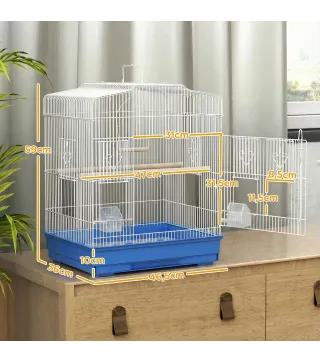 Jaula para Pájaros Pajarera de Acero con 2 Comederos 2 Perchas Columpio y Bandeja Extraíble Asa 46,5x36x59 cm Azul