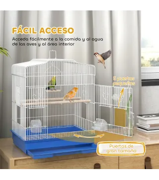 Jaula para Pájaros Pajarera de Acero con 2 Comederos 2 Perchas Columpio y Bandeja Extraíble Asa 46,5x36x59 cm Azul