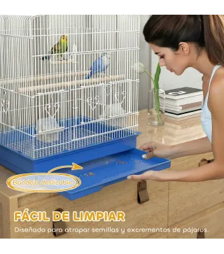 Jaula para Pájaros Pajarera de Acero con 2 Comederos 2 Perchas Columpio y Bandeja Extraíble Asa 46,5x36x59 cm Azul