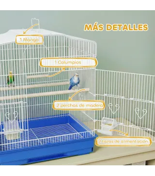 Jaula para Pájaros Pajarera de Acero con 2 Comederos 2 Perchas Columpio y Bandeja Extraíble Asa 46,5x36x59 cm Azul