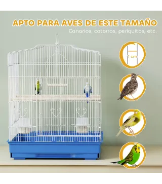 Jaula para Pájaros Pajarera de Acero con 2 Comederos 2 Perchas Columpio y Bandeja Extraíble Asa 46,5x36x59 cm Azul