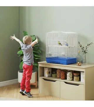 Jaula para Pájaros Pajarera de Acero con 2 Comederos 2 Perchas Columpio y Bandeja Extraíble Asa 46,5x36x59 cm Azul