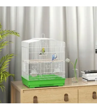 Jaula para Pájaros Pajarera de Acero con 2 Comederos 2 Perchas Columpio y Bandeja Extraíble Asa 46,5x36x59 cm Verde