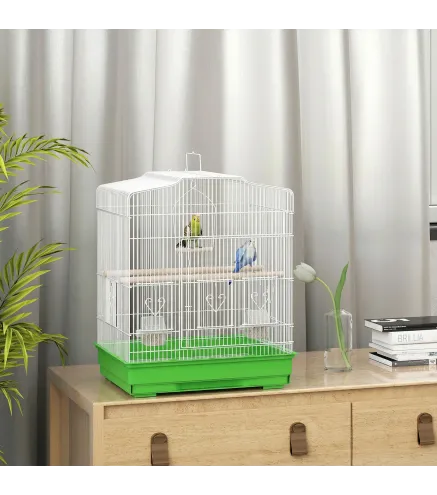 Jaula para Pájaros Pajarera de Acero con 2 Comederos 2 Perchas Columpio y Bandeja Extraíble Asa 46,5x36x59 cm Verde