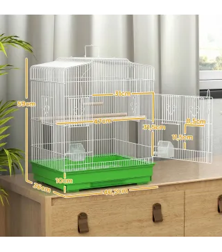 Jaula para Pájaros Pajarera de Acero con 2 Comederos 2 Perchas Columpio y Bandeja Extraíble Asa 46,5x36x59 cm Verde