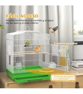 Jaula para Pájaros Pajarera de Acero con 2 Comederos 2 Perchas Columpio y Bandeja Extraíble Asa 46,5x36x59 cm Verde