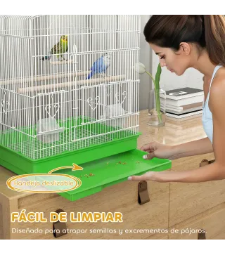 Jaula para Pájaros Pajarera de Acero con 2 Comederos 2 Perchas Columpio y Bandeja Extraíble Asa 46,5x36x59 cm Verde