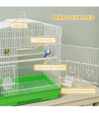 Jaula para Pájaros Pajarera de Acero con 2 Comederos 2 Perchas Columpio y Bandeja Extraíble Asa 46,5x36x59 cm Verde