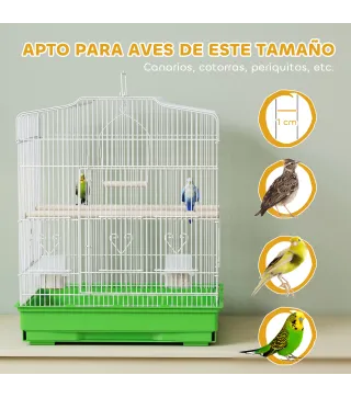 Jaula para Pájaros Pajarera de Acero con 2 Comederos 2 Perchas Columpio y Bandeja Extraíble Asa 46,5x36x59 cm Verde
