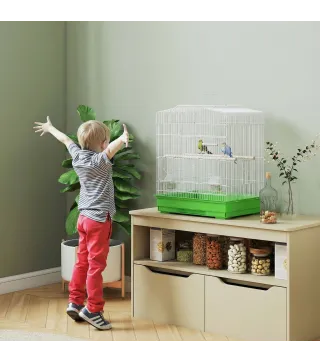 Jaula para Pájaros Pajarera de Acero con 2 Comederos 2 Perchas Columpio y Bandeja Extraíble Asa 46,5x36x59 cm Verde