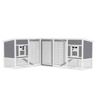 Gallinero de Madera Grande Exterior en L para Esquina con 2 Nidos Corral Bandejas Extraíbles 251x192x103 cm Gris