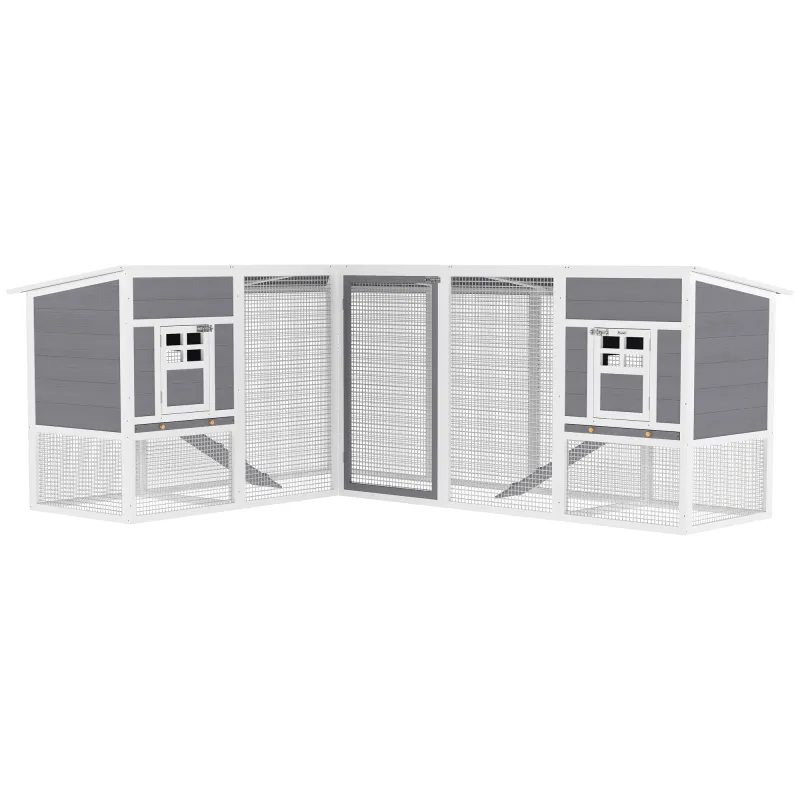 Gallinero de Madera Grande Exterior en L para Esquina con 2 Nidos Corral Bandejas Extraíbles 251x192x103 cm Gris