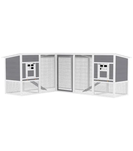 Gallinero de Madera Grande Exterior en L para Esquina con 2 Nidos Corral Bandejas Extraíbles 251x192x103 cm Gris