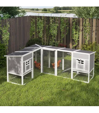 Gallinero de Madera Grande Exterior en L para Esquina con 2 Nidos Corral Bandejas Extraíbles 251x192x103 cm Gris