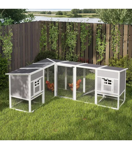 Gallinero de Madera Grande Exterior en L para Esquina con 2 Nidos Corral Bandejas Extraíbles 251x192x103 cm Gris