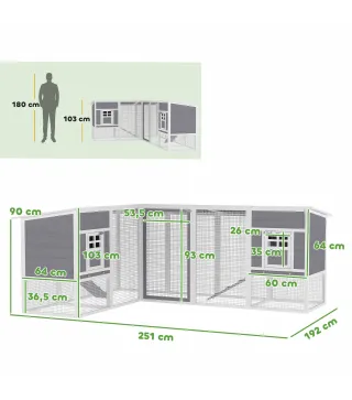 Gallinero de Madera Grande Exterior en L para Esquina con 2 Nidos Corral Bandejas Extraíbles 251x192x103 cm Gris