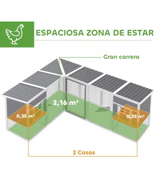 Gallinero de Madera Grande Exterior en L para Esquina con 2 Nidos Corral Bandejas Extraíbles 251x192x103 cm Gris