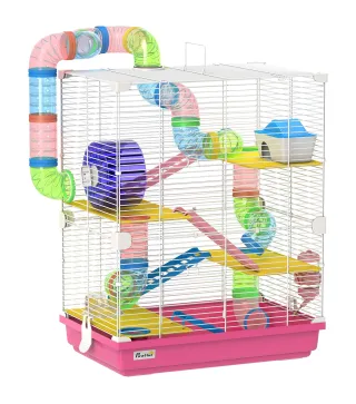 Jaula de Hámster con Túnel Plataformas Cuenco Bebedero Casita Rampas y Rueda de Ejercicio 46x30x58 cm Rosa