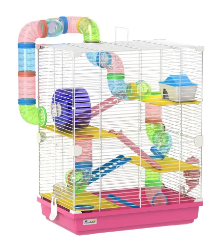 Jaula de Hámster con Túnel Plataformas Cuenco Bebedero Casita Rampas y Rueda de Ejercicio 46x30x58 cm Rosa