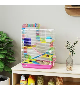 Jaula de Hámster con Túnel Plataformas Cuenco Bebedero Casita Rampas y Rueda de Ejercicio 46x30x58 cm Rosa