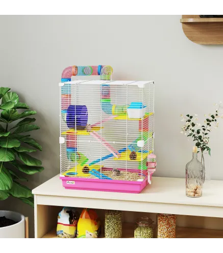 Jaula de Hámster con Túnel Plataformas Cuenco Bebedero Casita Rampas y Rueda de Ejercicio 46x30x58 cm Rosa