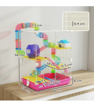 Jaula de Hámster con Túnel Plataformas Cuenco Bebedero Casita Rampas y Rueda de Ejercicio 46x30x58 cm Rosa