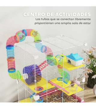 Jaula de Hámster con Túnel Plataformas Cuenco Bebedero Casita Rampas y Rueda de Ejercicio 46x30x58 cm Rosa