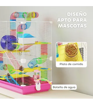 Jaula de Hámster con Túnel Plataformas Cuenco Bebedero Casita Rampas y Rueda de Ejercicio 46x30x58 cm Rosa