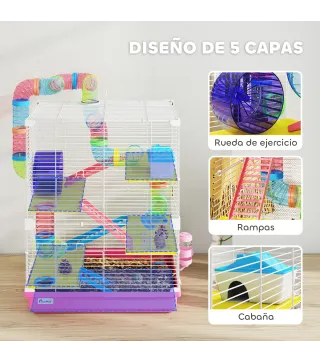 Jaula de Hámster con Túnel Plataformas Cuenco Bebedero Casita Rampas y Rueda de Ejercicio 46x30x58 cm Rosa