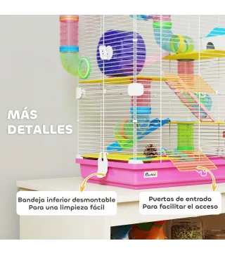 Jaula de Hámster con Túnel Plataformas Cuenco Bebedero Casita Rampas y Rueda de Ejercicio 46x30x58 cm Rosa