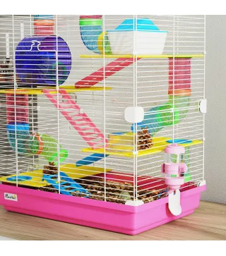 Jaula de Hámster con Túnel Plataformas Cuenco Bebedero Casita Rampas y Rueda de Ejercicio 46x30x58 cm Rosa