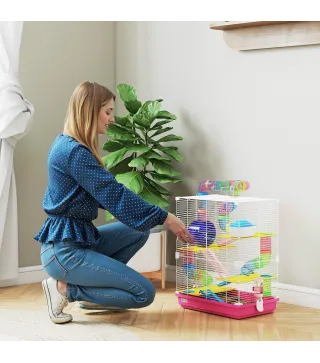 Jaula de Hámster con Túnel Plataformas Cuenco Bebedero Casita Rampas y Rueda de Ejercicio 46x30x58 cm Rosa