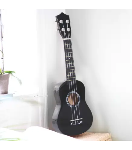 Ukelele Soprano para Principiantes con 4 Cuerdas de Nylon Ajustables Juguete educativo 53x17,5x6,2cm Negro