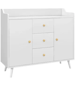 Aparador de Salón Moderno Aparador de Cocina con 2 Puertas 3 Cajones y Patas de Madera de Pino 90x32x80 cm Blanco