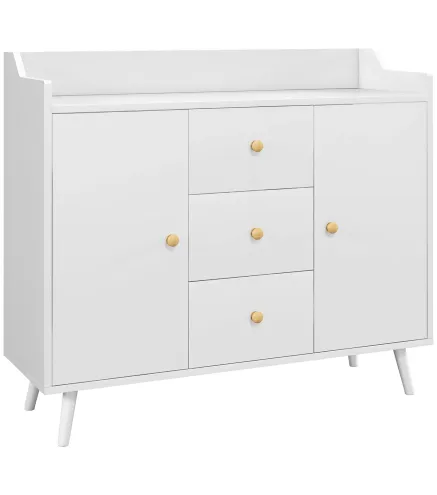 Aparador de Salón Moderno Aparador de Cocina con 2 Puertas 3 Cajones y Patas de Madera de Pino 90x32x80 cm Blanco