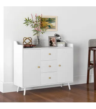 Aparador de Salón Moderno Aparador de Cocina con 2 Puertas 3 Cajones y Patas de Madera de Pino 90x32x80 cm Blanco