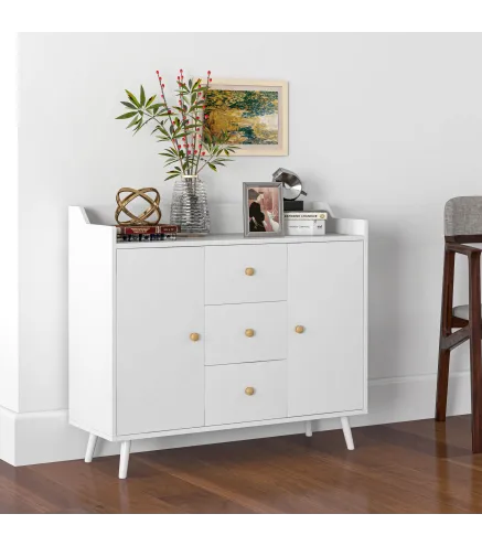 Aparador de Salón Moderno Aparador de Cocina con 2 Puertas 3 Cajones y Patas de Madera de Pino 90x32x80 cm Blanco