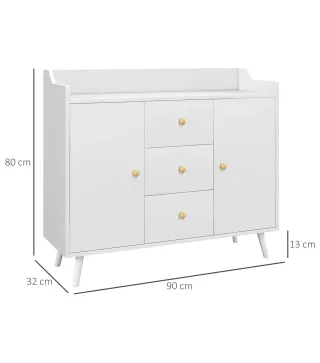 Aparador de Salón Moderno Aparador de Cocina con 2 Puertas 3 Cajones y Patas de Madera de Pino 90x32x80 cm Blanco