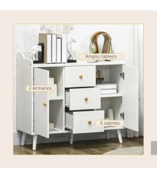Aparador de Salón Moderno Aparador de Cocina con 2 Puertas 3 Cajones y Patas de Madera de Pino 90x32x80 cm Blanco