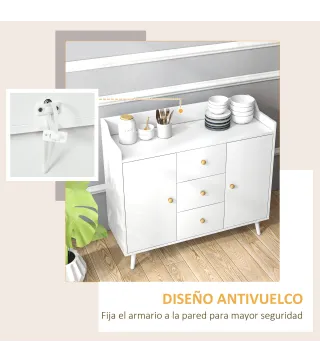 Aparador de Salón Moderno Aparador de Cocina con 2 Puertas 3 Cajones y Patas de Madera de Pino 90x32x80 cm Blanco
